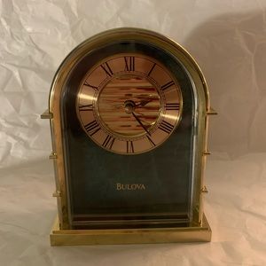 Arched Bulova Brass & Faux Green Marble Clock